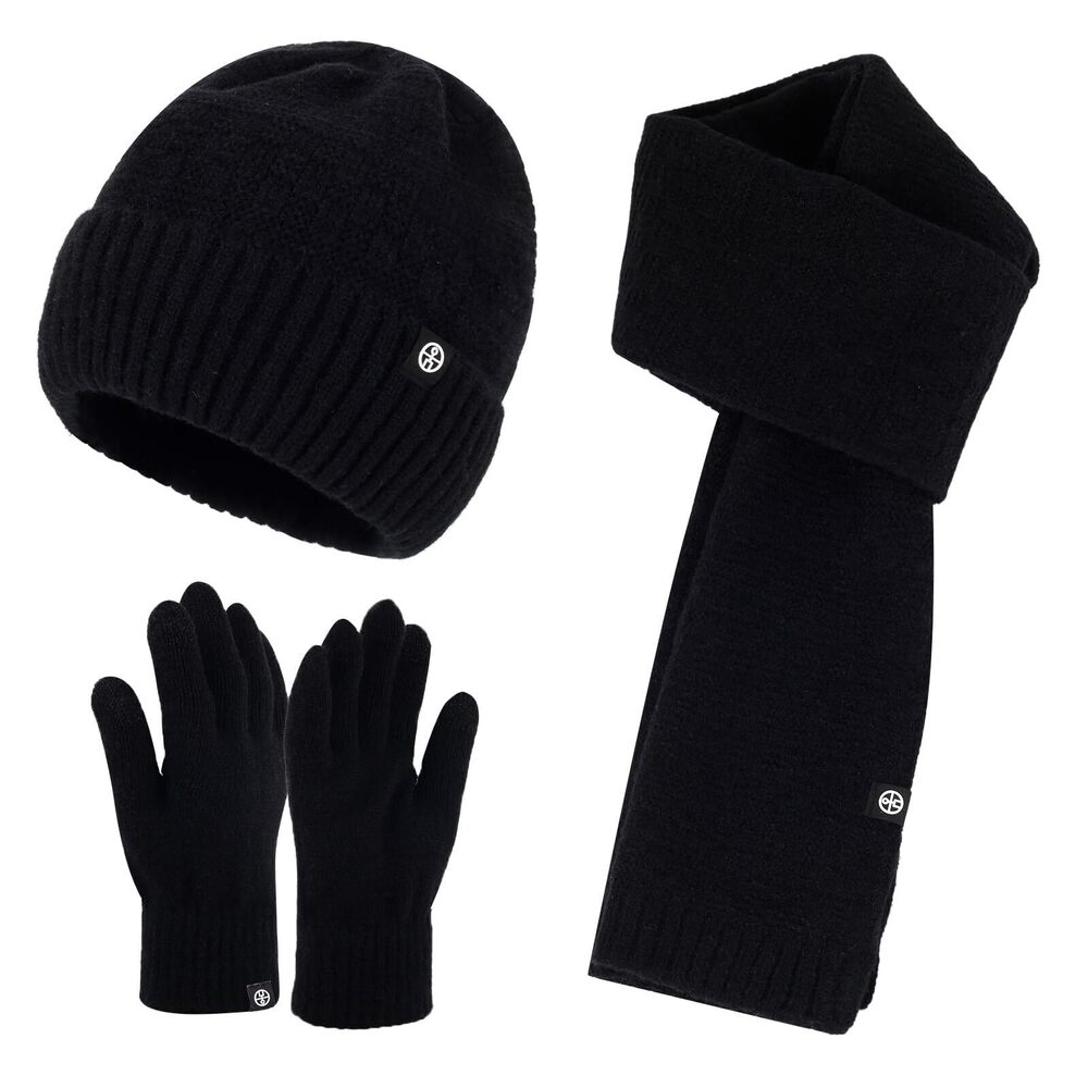 9073 Winter Knitted Hat Scarf Touchscreen Gloves Set Soft Warm Beanie